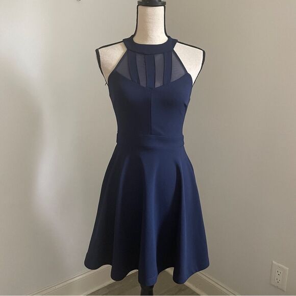 B Darlin Fit & Flare Halter Mini Dress sz 1/2 Navy Blue Mesh Cutout Party Dress - Picture 1 of 16